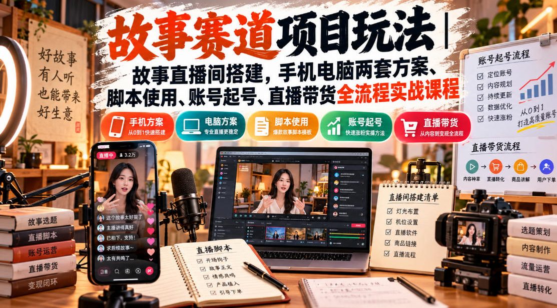 故事赛道项目玩法|故事直播间搭建,手机电脑两套方案、脚本使用、账号起号、直播带货全流程实战课程-朽念云创