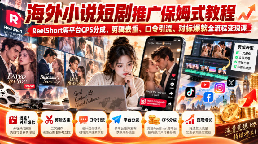 海外小说短剧推广保姆式教程|ReelShort等平台CPS分成,剪辑去重、口令引流、对标爆款全流程变现课-朽念云创