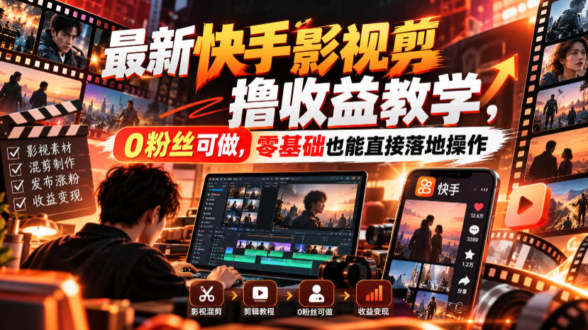 最新快手影视混剪撸收益教学，0粉丝可做，零基础也能直接落地操作-朽念云创