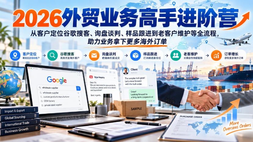 2026外贸业务高手进阶营，从客户定位谷歌搜客、询盘谈判、样品跟进到老客户维护等全流程，助力业务拿下更多海外订单-朽念云创