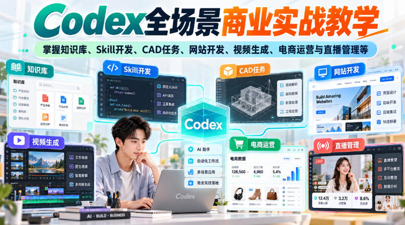 【无水印】Codex全场景商业实战教学，掌握知识库、Skill开发、CAD任务、网站开发、视频生成、电商运营与直播管理等-朽念云创