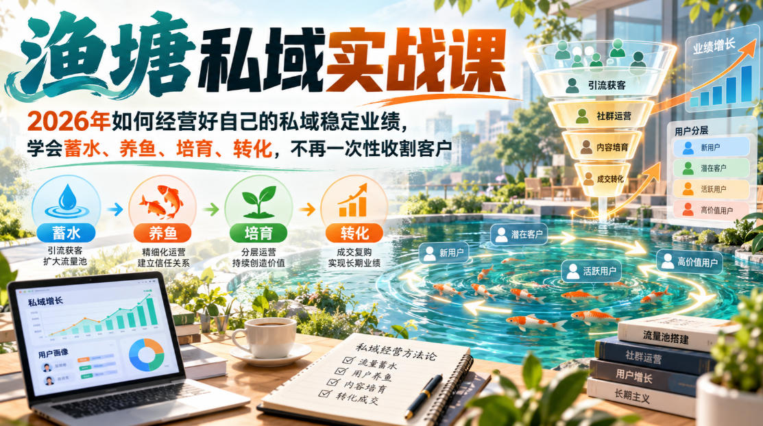 渔塘私域实战课,2026年如何经营好自己的私域稳定业绩,学会蓄水、养鱼、培育、转化,不再一次性收割客户-朽念云创