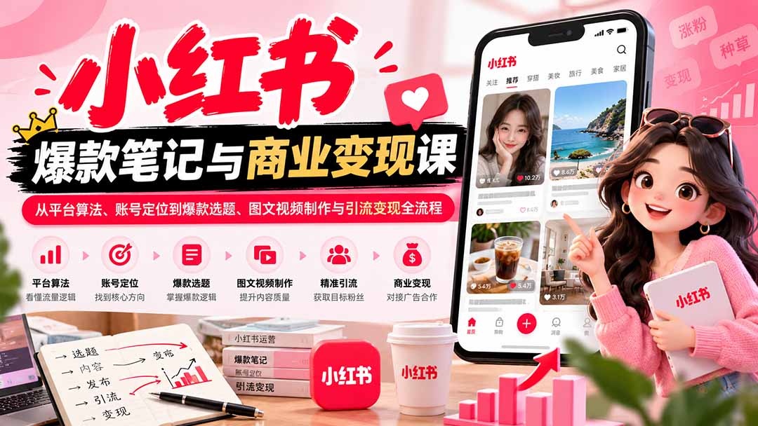 2026小红书爆款笔记与商业变现课：从平台算法、账号定位到爆款选题、图文视频制作与引流变现全流程-朽念云创