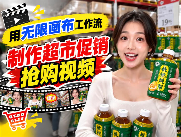 无限画布超市促销抢购视频工作流，一键产出TikTok抖音带货短视频-朽念云创