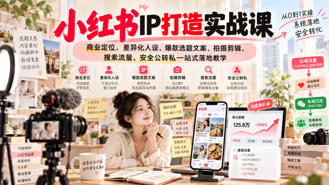 小红书ip打造实战课,商业定位、差异化人设、爆款选题文案、拍摄剪辑、搜索流量、安全公转私一站式落地教学-朽念云创