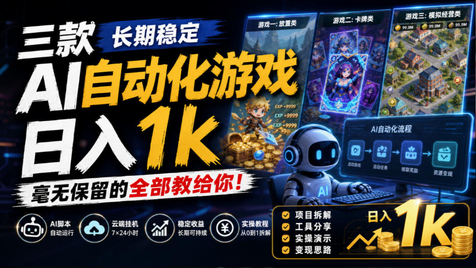 三款长期稳定AI自动化游戏，日入1k，毫无保留的全部教给你！【揭秘】-朽念云创