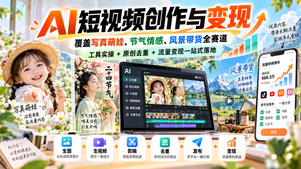 AI短视频创作与变现,覆盖写真萌娃、节气情感、风景带货全赛道,工具实操+原创去重+流量变现一站式落地-朽念云创