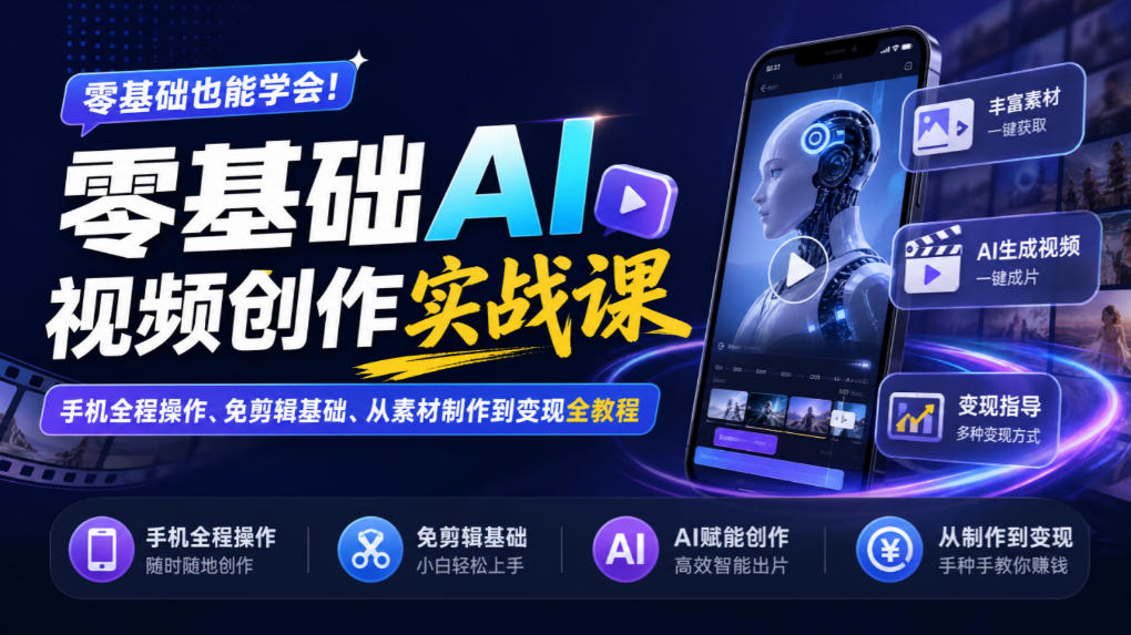 零基础AI视频创作实战课|手机全程操作、免剪辑基础、从素材制作到变现全教程-朽念云创