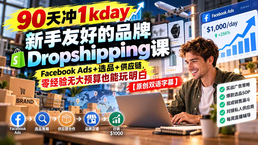 90天冲1kday 新手友好的品牌Dropshipping课:Facebook Ads+选品+供应链,零经验无大预算也能玩明白【原创双语字幕】-朽念云创
