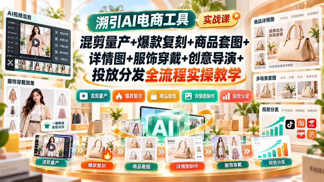 溯引AI电商工具实战课：混剪量产+爆款复刻+商品套图+详情图+服饰穿戴+创意导演+投放分发全流程实操教学-朽念云创