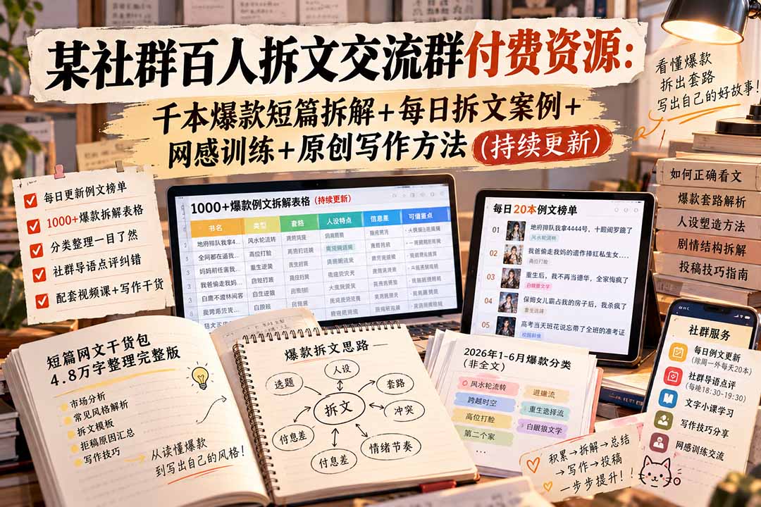 某社群百人拆文交流群付费资源-更新0929:千本爆款短篇拆解+每日拆文案例+网感训练+原创写作方法-朽念云创