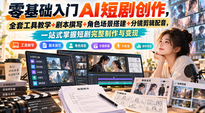 零基础入门AI短剧创作,全套工具教学+剧本撰写+角色场景搭建+分镜剪辑配音,一站式掌握短剧完整制作与变现-朽念云创