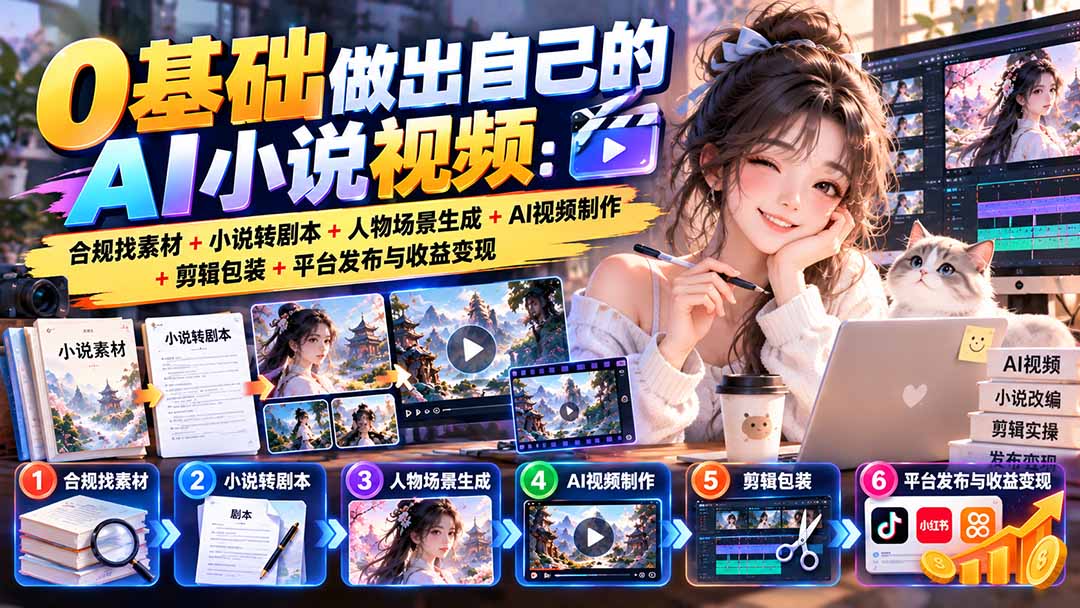 0基础做出自己的AI小说视频:合规找素材+小说转剧本+人物场景生成+AI视频制作+剪辑包装+平台发布与收益变现-朽念云创