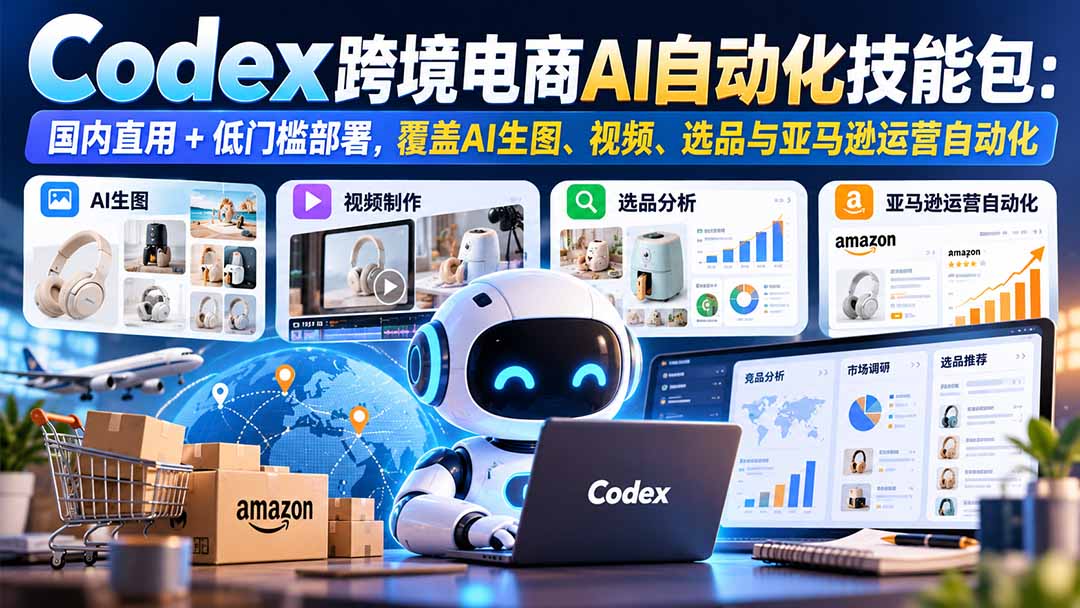 【无水印】Codex跨境电商AI自动化技能包：国内直用+低门槛部署，覆盖AI生图、视频、选品与亚马逊运营自动化-朽念云创