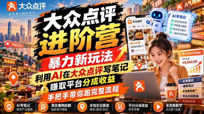 大众点评进阶营，暴力新玩法，利用AI在大众点评写笔记， 賺取平台分成收益，手把手带你跑完整流程-朽念云创