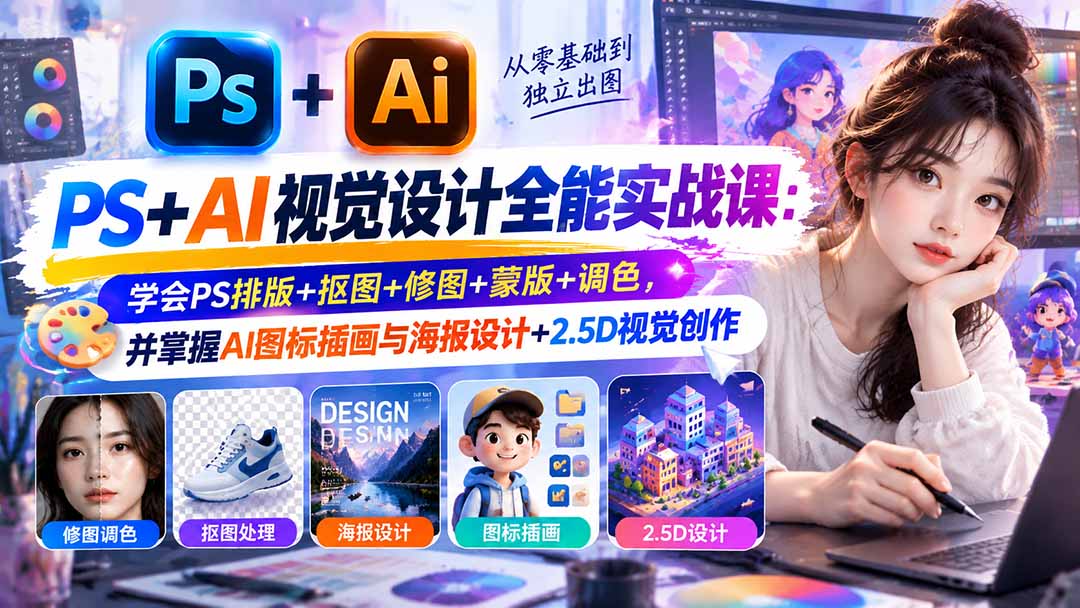 【无水印】PS+AI视觉设计全能实战课：学会PS排版+抠图+修图+蒙版+调色，并掌握AI图标插画与海报设计+2.5D视觉创作-朽念云创
