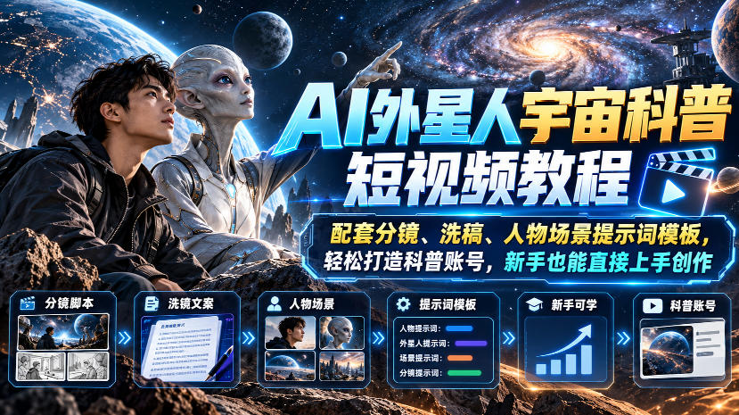 AI外星人宇宙科普短视频教程，配套分镜、洗稿、人物场景提示词模板，轻松打造科普账号，新手也能直接上手创作-朽念云创