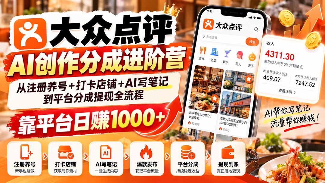 大众点评AI创作分成进阶营：从注册养号+打卡店铺+AI写笔记到平台分成提现全流程，靠平台日赚1000+-朽念云创