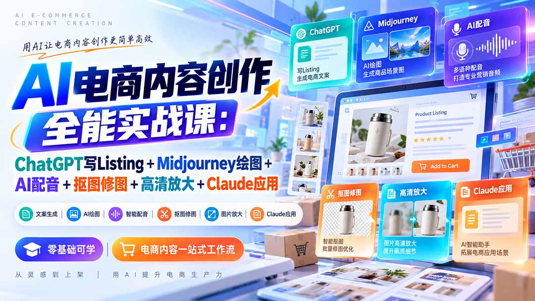 【无水印】AI电商内容创作全能实战课：ChatGPT写Listing+Midjourney绘图+AI配音+抠图修图+高清放大+Claude应用-朽念云创