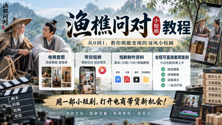 渔樵问对小短剧教程，包含电商套图、带货视频，短剧制作资料，全程可直接套用复刻-朽念云创
