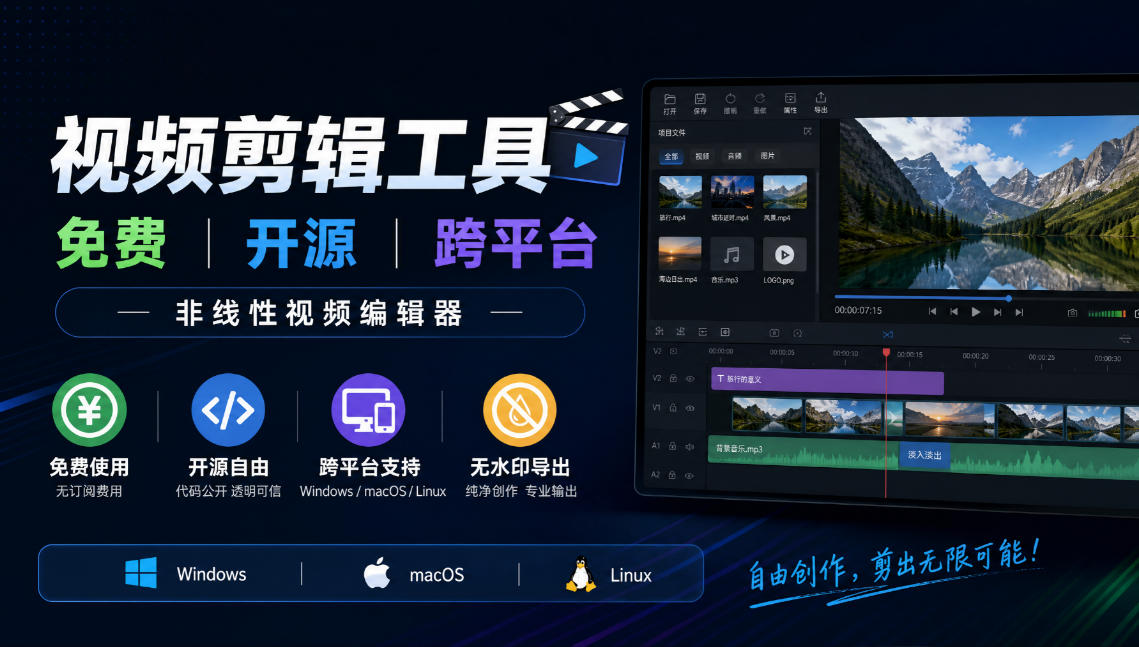 视频剪辑工具,免费、开源、跨平台,非线性视频编辑器,支持Windows、macOS、Linux,无水印、无订阅费用-朽念云创