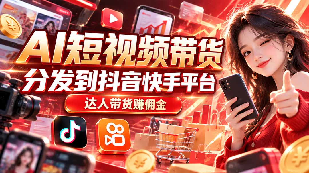 【AI短视频带货】分发到抖音快手平台，达人带货赚佣金-朽念云创