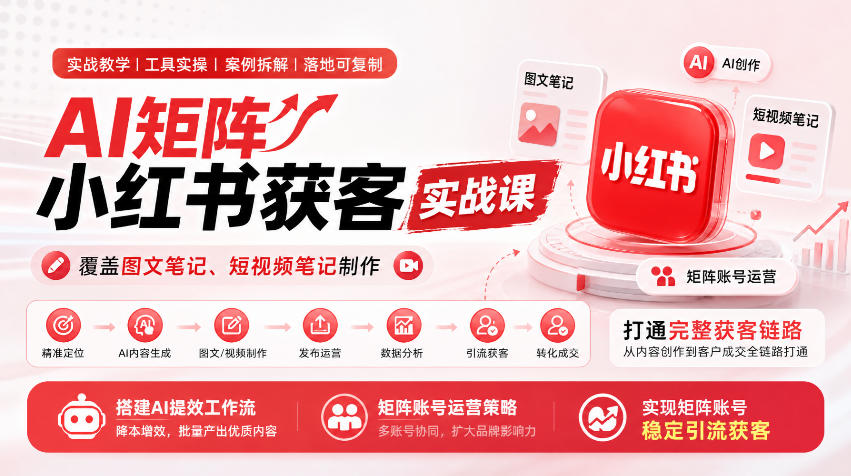 AI矩阵小红书获客实战课,覆盖图文笔记、短视频笔记制作,打通完整获客链路,搭建AI提效工作流,实现矩阵账号稳定引流获客-朽念云创