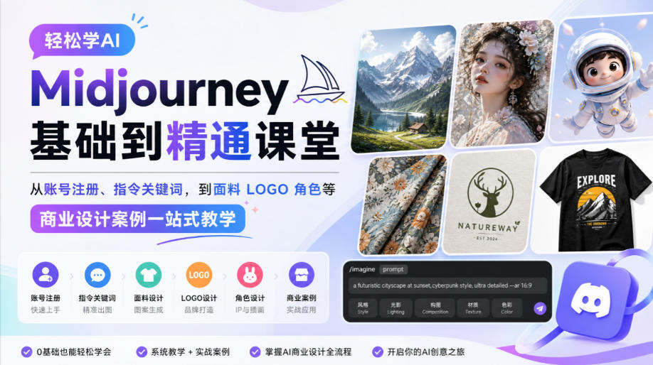 轻松学AI Midjourney基础到精通课堂,从账号注册、指令关键词,到面料LOGO角色等商业设计案例一站式教学-朽念云创