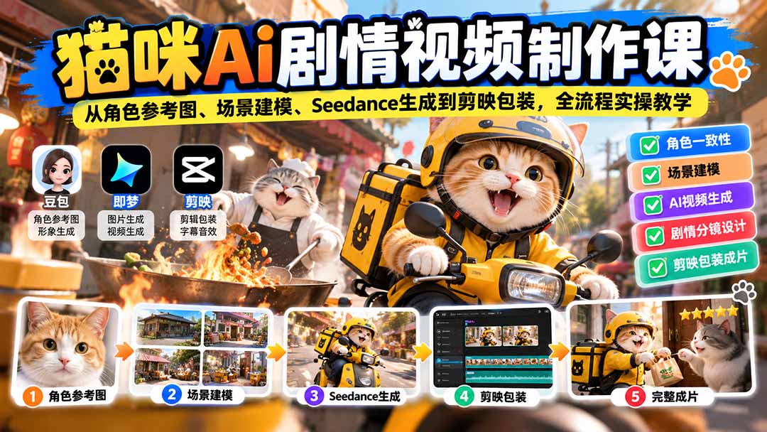 猫咪AI剧情视频制作课：从角色参考图、场景建模、Seedance生成到剪映包装，全流程实操教学-朽念云创