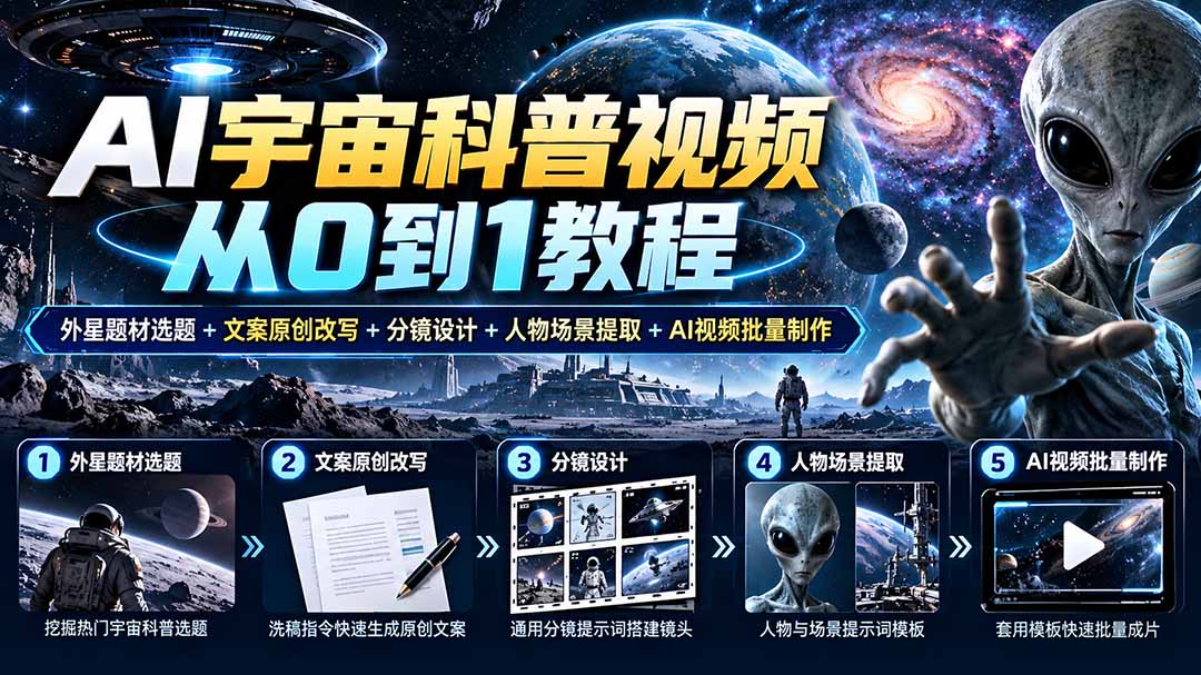 AI宇宙科普视频从0到1教程｜外星题材选题+文案原创改写+分镜设计+人物场景提取+AI视频批量制作-朽念云创