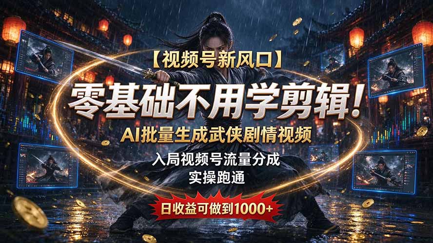 【视频号新风口】零基础不用学剪辑！AI 批量生成武侠剧情视频，入局视频号流量分成，实操跑通，日收益可做到 1000+-朽念云创