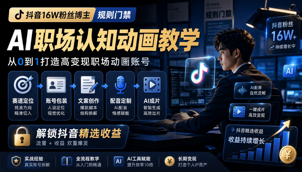 抖音16W粉丝博主规则门禁的AI职场认知动画教学，从赛道定位、账号包装，到文案创作、配音定制、AI成片，解锁抖音精选收益-朽念云创