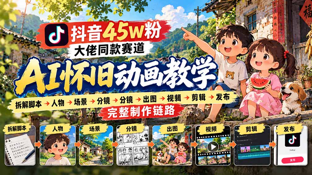 抖音45W粉大佬同款赛道AI怀旧动画教学：拆解脚本→人物→场景→分镜→出图→视频→剪辑→发布完整制作链路-朽念云创