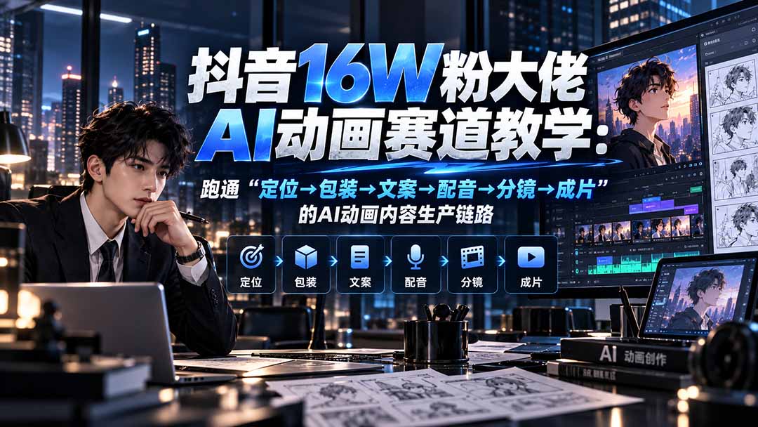 抖音16W粉大佬规则门禁AI动画赛道教学：跑通“定位→包装→文案→配音→分镜→成片”的AI动画内容生产链路-朽念云创