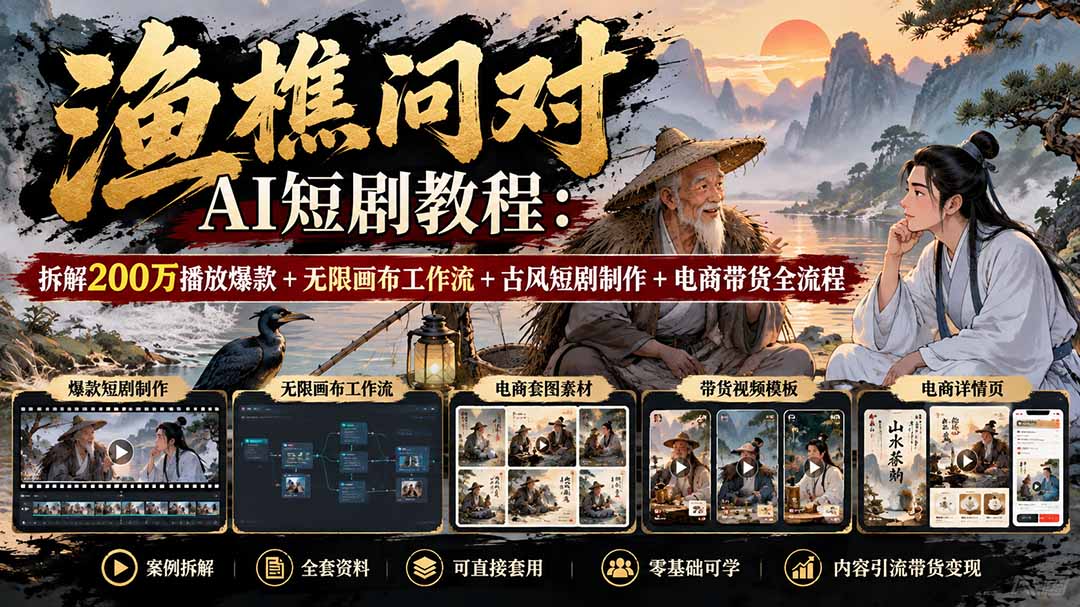 【无水印】渔樵问对AI短剧教程：拆解200万播放爆款+无限画布工作流+古风短剧制作+电商带货全流程-朽念云创