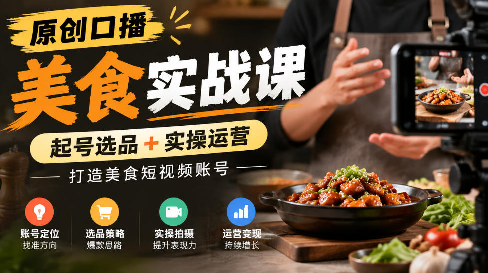 原创口播美食实战课，起号选品+实操运营，打造美食短视频账号-朽念云创