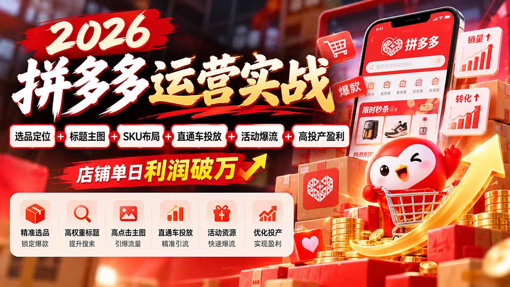 2026拼多多运营实战-更新1002：选品定位+标题主图+SKU布局+直通车投放+活动爆流+高投产盈利 店铺单日利润破万-朽念云创