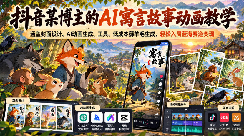 抖音某博主的AI寓言故事动画教学，涵盖封面设计、AI动画生成、工具、低成本薅羊毛生成，轻松入局蓝海赛道变现-朽念云创