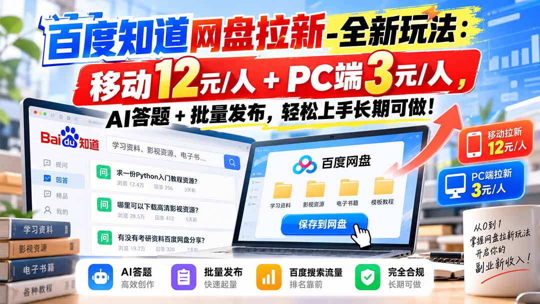 百度知道网盘拉新-全新玩法：移动12元/人+PC端3元/人，AI答题+批量发布，轻松上手长期可做！-朽念云创