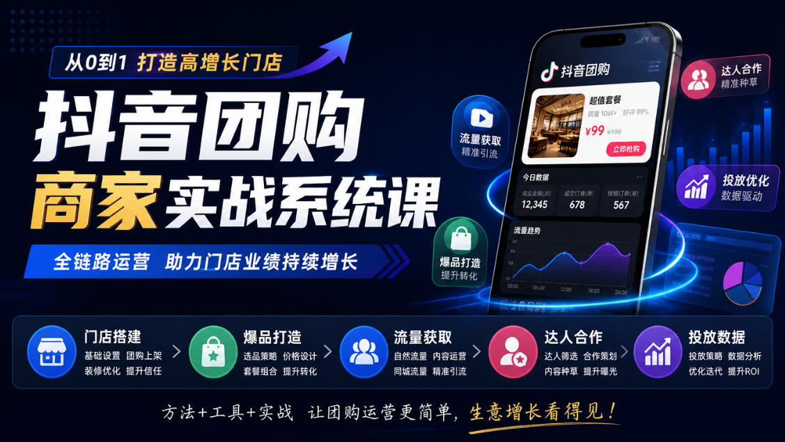 抖音团购商家实战系统课｜门店搭建、爆品打造、流量获取、达人合作、投放数据全链路运营-朽念云创