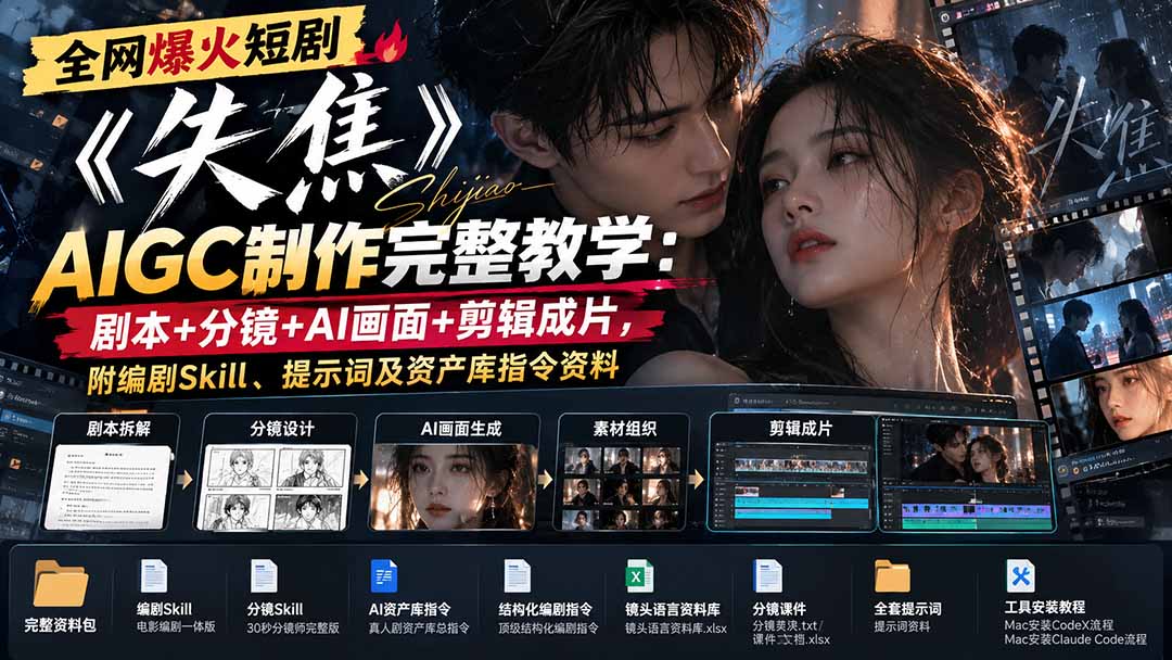 全网爆火短剧《失焦》AIGC制作完整教学：剧本+分镜+AI画面+剪辑成片，附编剧Skill、提示词及资产库指令资料-朽念云创