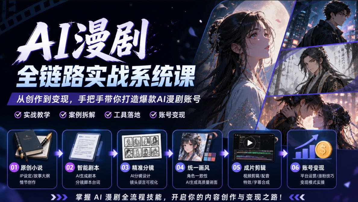 AI漫剧全链路实战系统课｜原创小说、智能剧本、精准分镜、统一画风、成片剪辑、账号变现实操教学-朽念云创