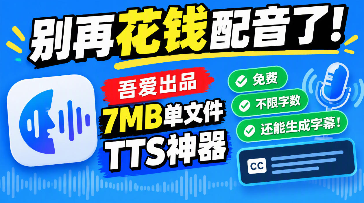 别再花钱配音了！吾爱出品7MB单文件TTS神器，免费不限字数还能生成字幕！-朽念云创