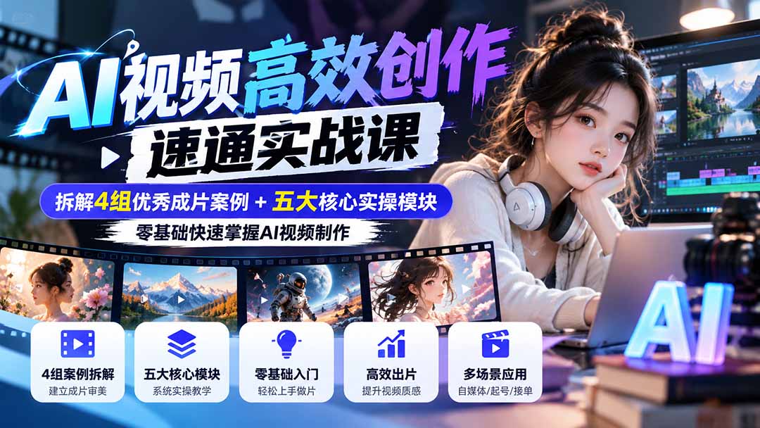 【无水印】AI视频高效创作速通实战课:拆解4组优秀成片案例+五大核心实操模块,零基础快速掌握AI视频制作-朽念云创