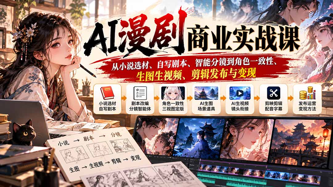 AI漫剧商业实战课:从小说选材、自写剧本、智能分镜到角色一致性、生图生视频、剪辑发布与变现-朽念云创