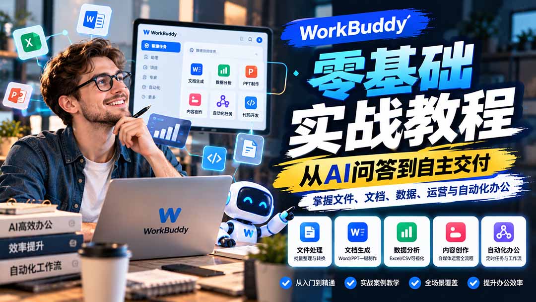 WorkBuddy零基础实战教程：从AI问答到自主交付，掌握文件、文档、数据、运营与自动化办公-朽念云创
