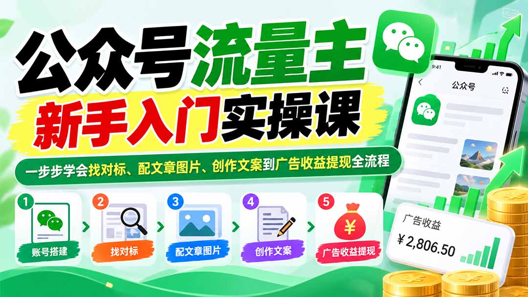 公众号流量主新手入门实操课：一步步学会找对标、配文章图片、创作文案到广告收益提现全流程-朽念云创