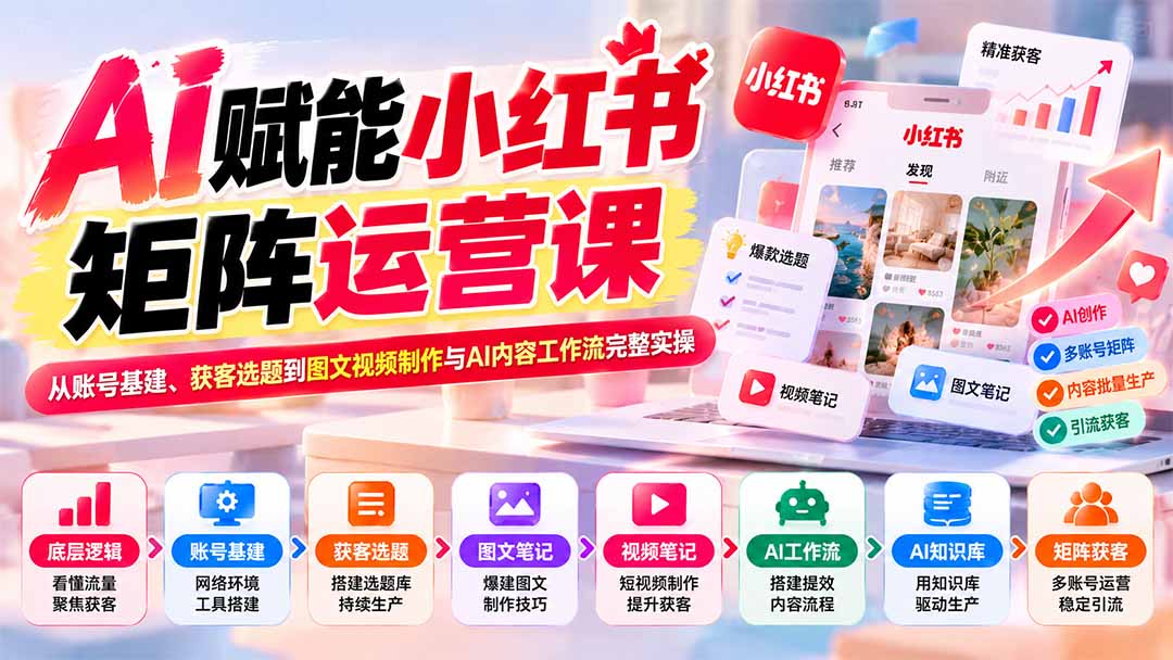 AI赋能小红书矩阵运营课：从账号基建、获客选题到图文视频制作与AI内容工作流完整实操-朽念云创