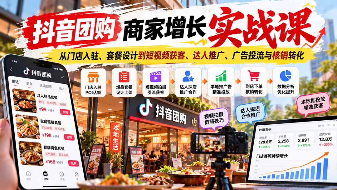 抖音团购商家增长实战课：从门店入驻、套餐设计到短视频获客、达人推广、广告投流与核销转化-朽念云创