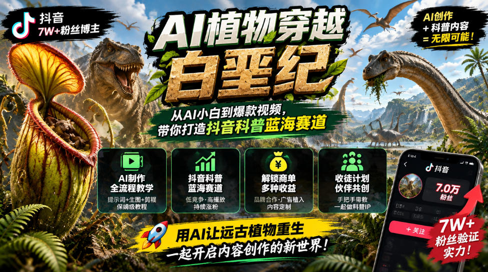 抖音7W粉丝博主的AI植物穿越白垩纪教学，抖音科普蓝海赛道，解锁商单收徒伙伴计划等多种收益-朽念云创